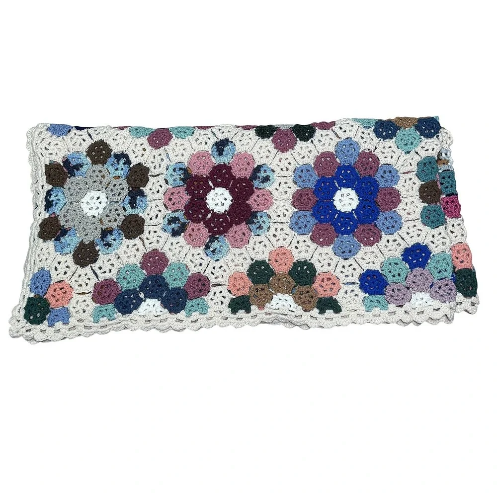 Vintage Handmade Crochet Granny Square Blanket Throw Floral Multicolor 75